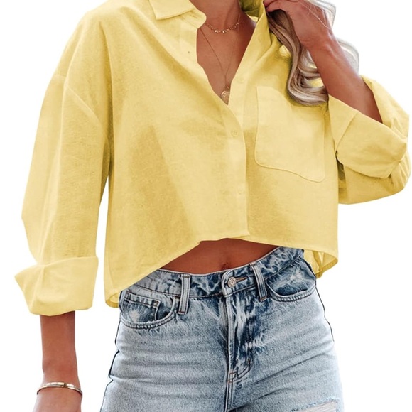 Amazon Women's Yellow Button Down Shirt - Picture 1 of 6